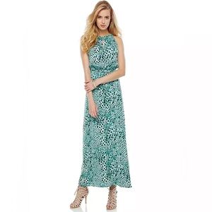 Jennifer Lopez Women’s Green Cheetah Sleeveless Silky Maxi Dress Keyhole Size 0